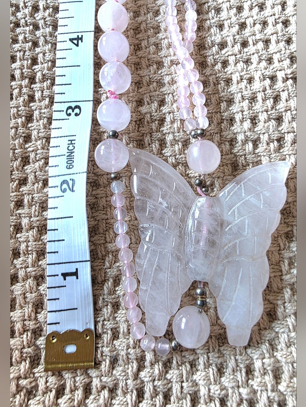 Vintage Artisan Rose Quartz Crystal Bead Necklace Butterfly Pendant - Picture 8 of 9